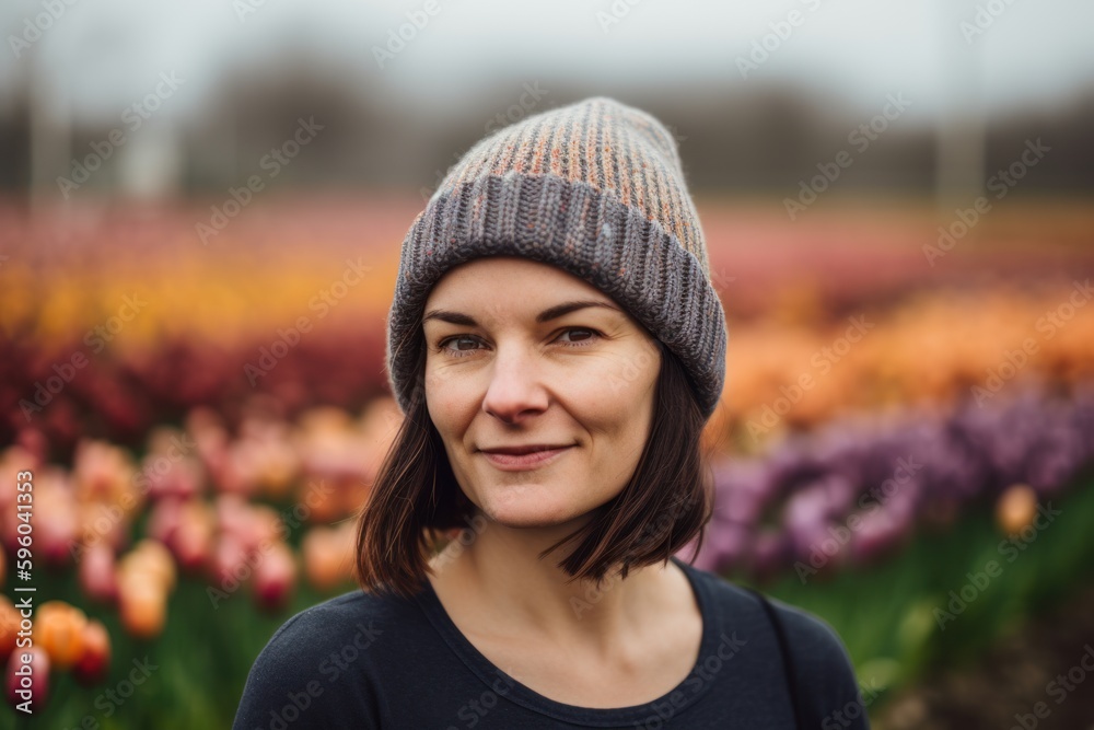 Portrait of a beautiful young woman in a spring tulip field Portrait of a beautiful young woman in a spring tulip field