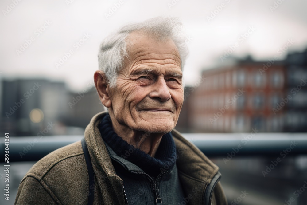 Portrait of senior man with grey hair in the city street.