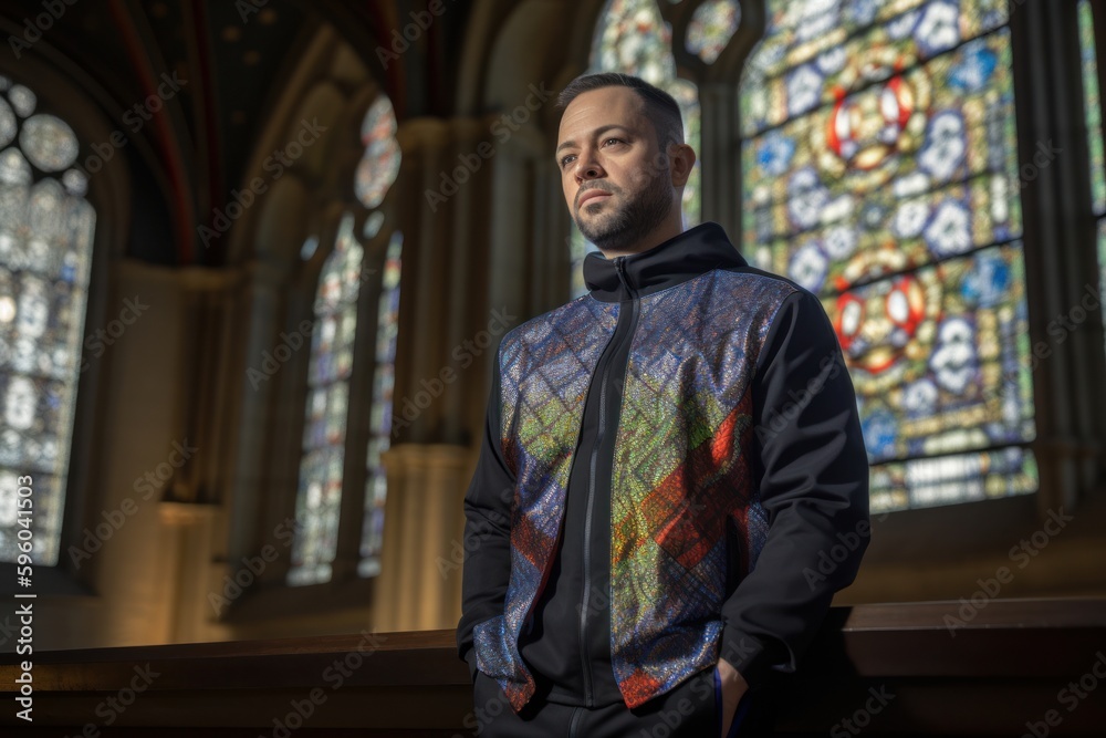Portrait of a handsome man in front of a church stained glass window