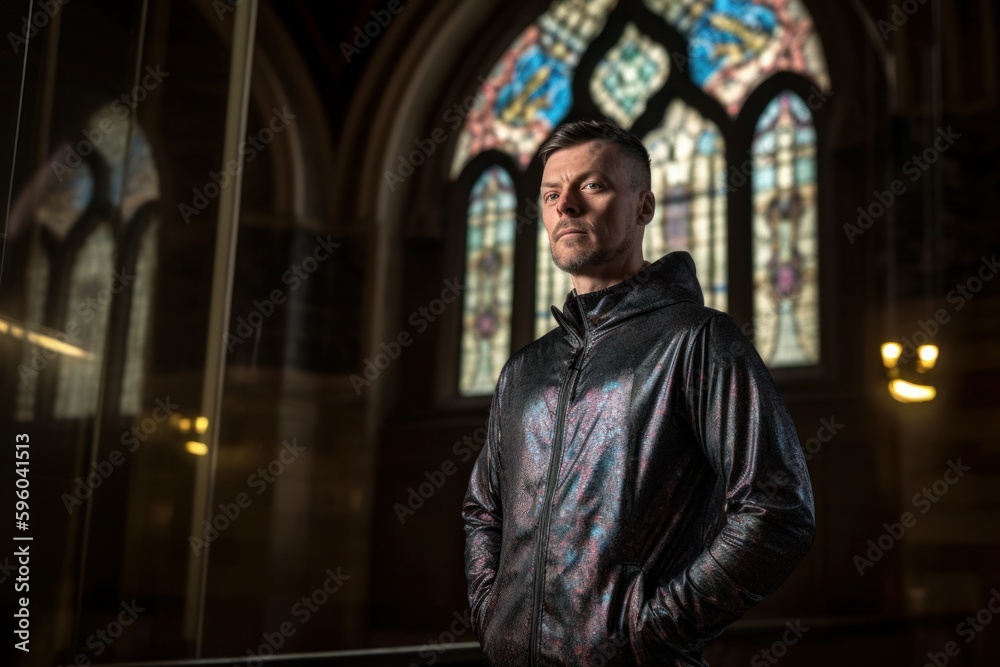 Handsome Young Man in Leather Jacket Standing in Front of Stained Glass Window