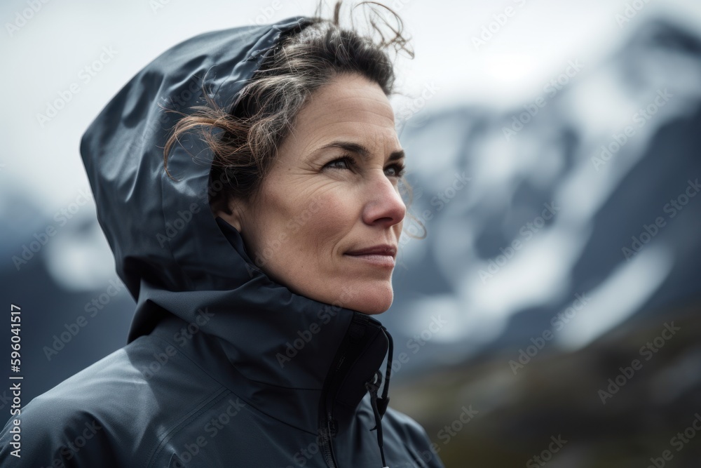 Portrait of a woman in a raincoat against the background of mountains Portrait of a woman in a raincoat against the background of mountains