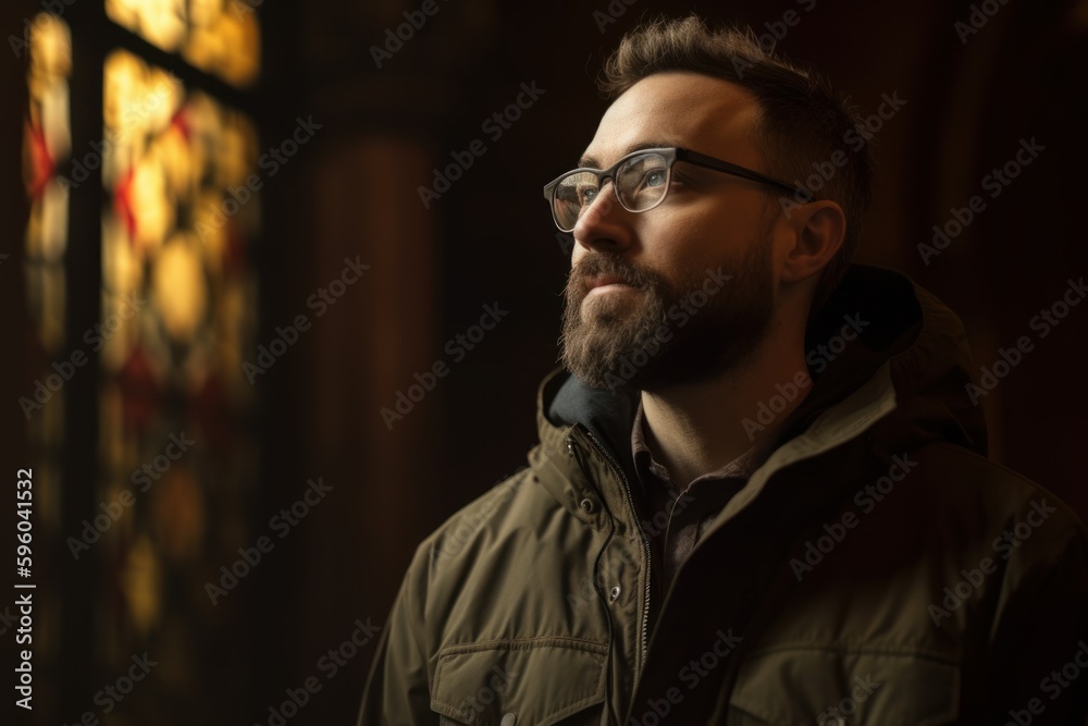 Portrait of a handsome bearded man in a coat and glasses on a dark background Portrait of a handsome bearded man in a coat and glasses on a dark background