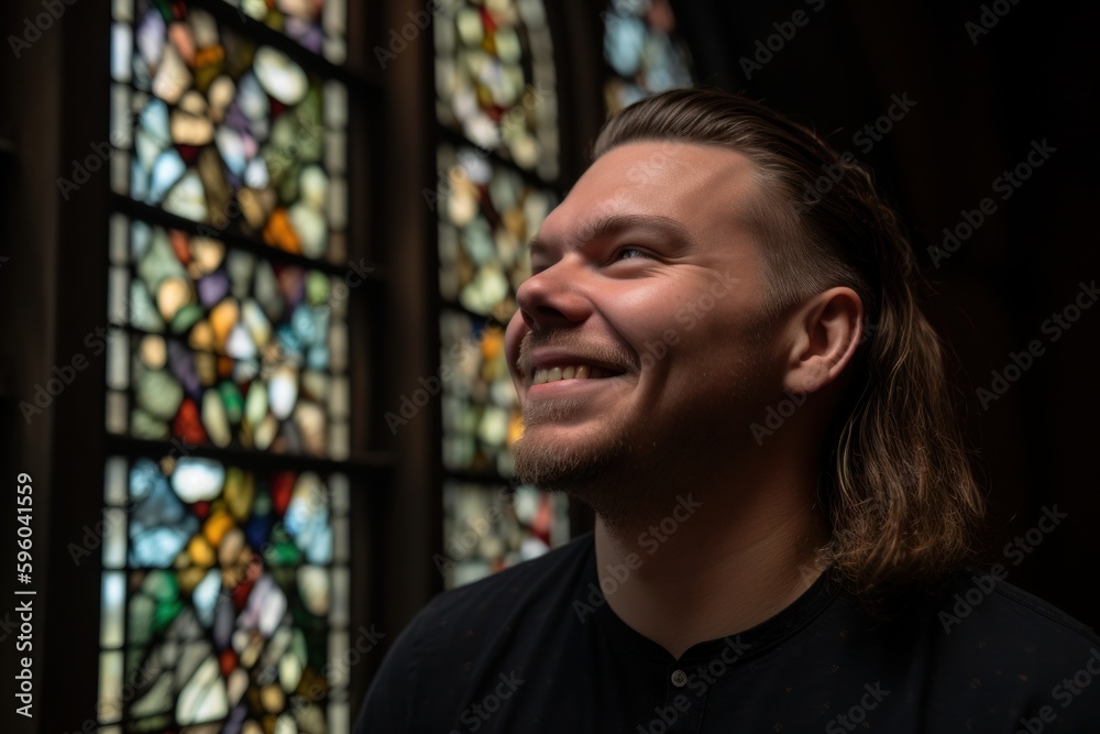 Portrait Of A Young Man Smiling In Front Of Stained Glass Window Portrait Of A Young Man Smiling In Front Of Stained Glass Window