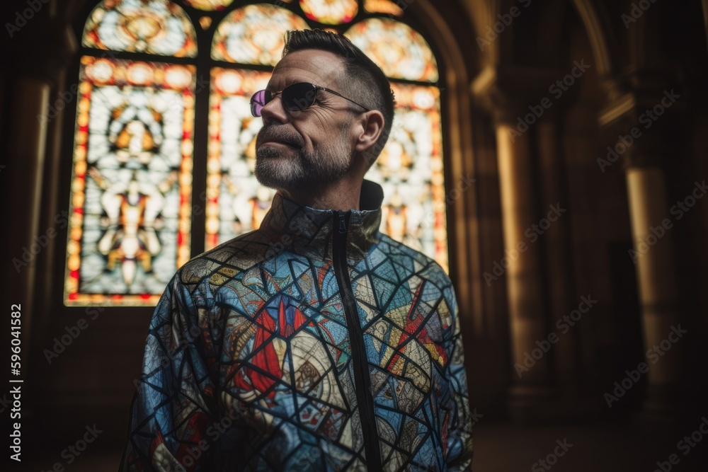 Lifestyle portrait photography of a pleased man in his 40s wearing a comfortable tracksuit against a stained glass or cathedral background. Generative AI