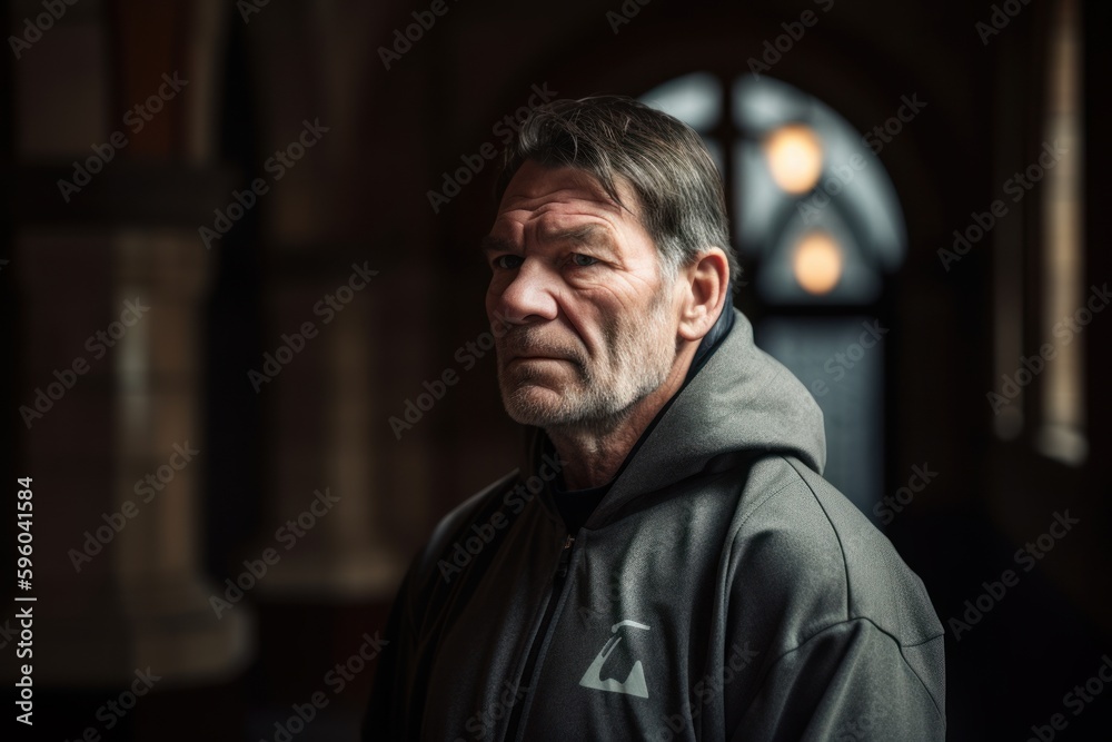 Elderly man with grey hair in a black jacket in the church Elderly man with grey hair in a black jacket in the church