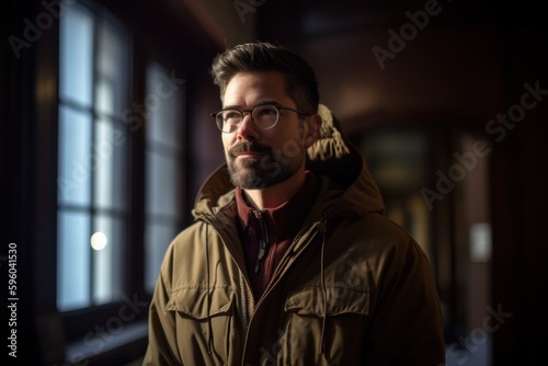 Portrait of a handsome young man in a winter jacket and glasses