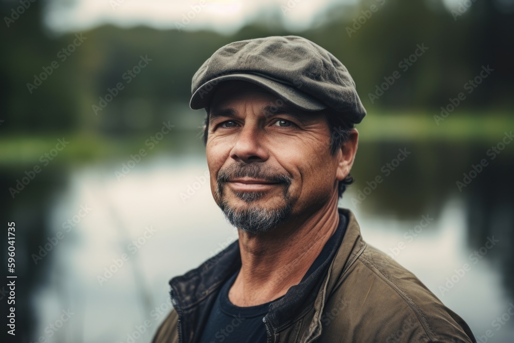 Portrait of a happy mature man in a cap standing by the lake. Portrait of a happy mature man in a cap standing by the lake.