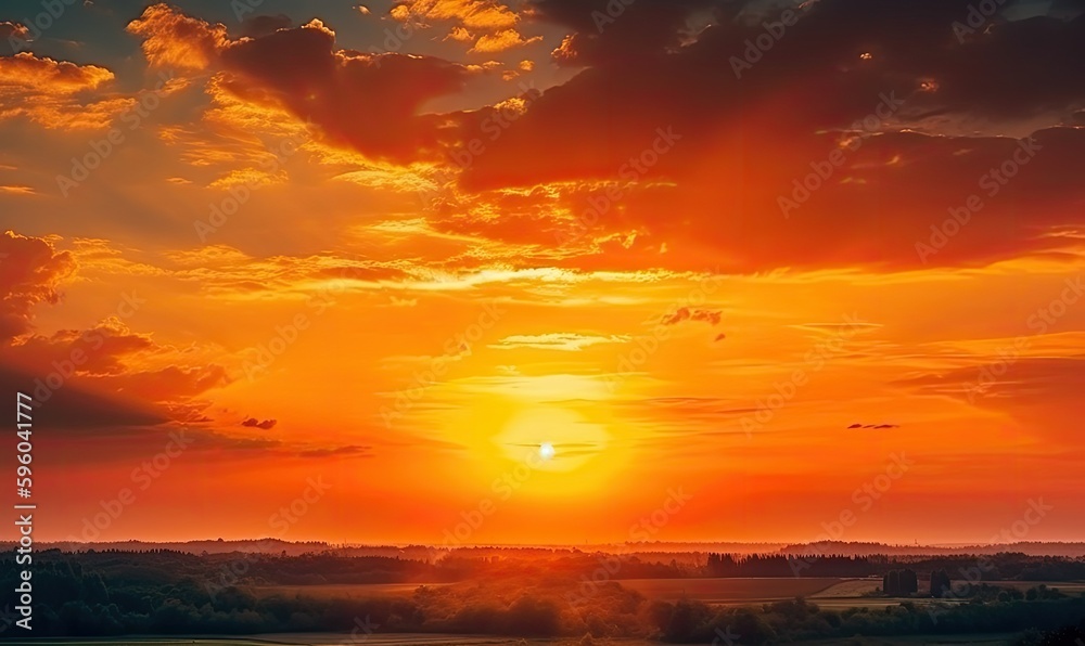Bright orange sky and light of the sun, Sky background on sunset, Nature composition, Panoramic sunset sky background, generative AI
