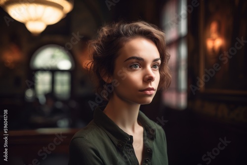 Portrait of a beautiful young woman with curly hair in a cafe