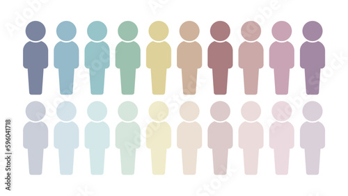 落ち着いた色味の20色で色分けした立っている人型のアイコン･ピクトグラムのセット - カラフル 