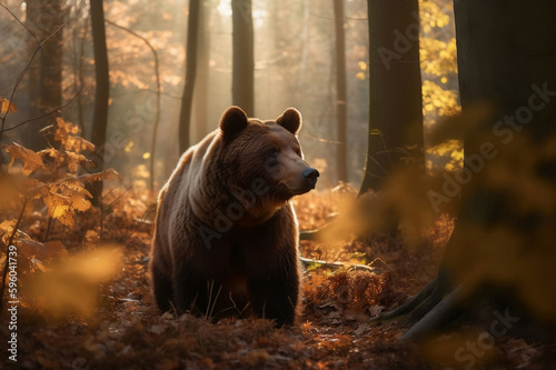 Bear Standing Still in the Serene Forest. created with Generative AI © photobuay