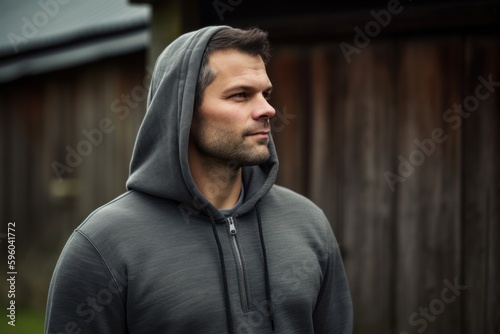Portrait of a handsome young man wearing hooded sweatshirt outdoors