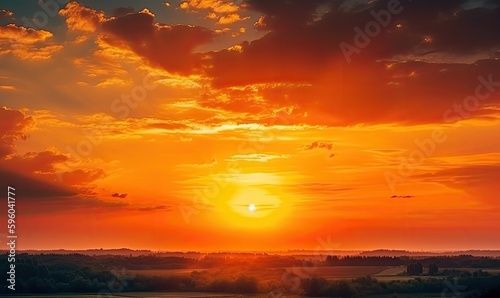 Bright orange sky and light of the sun, Sky background on sunset, Nature composition, Panoramic sunset sky background, generative AI © Enigma