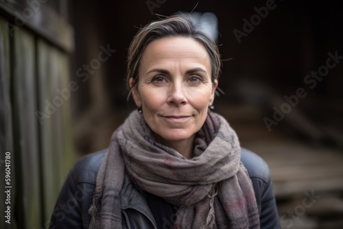 Portrait of a beautiful woman with a scarf on her neck in an old barn