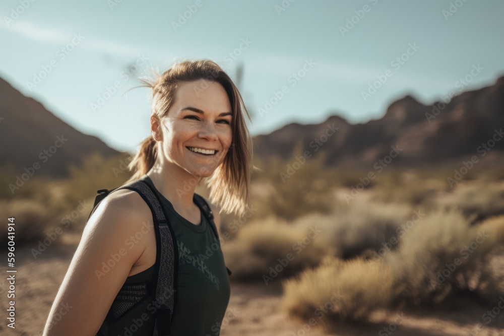 Portrait of a smiling woman with backpack standing in the desert. Portrait of a smiling woman with backpack standing in the desert.