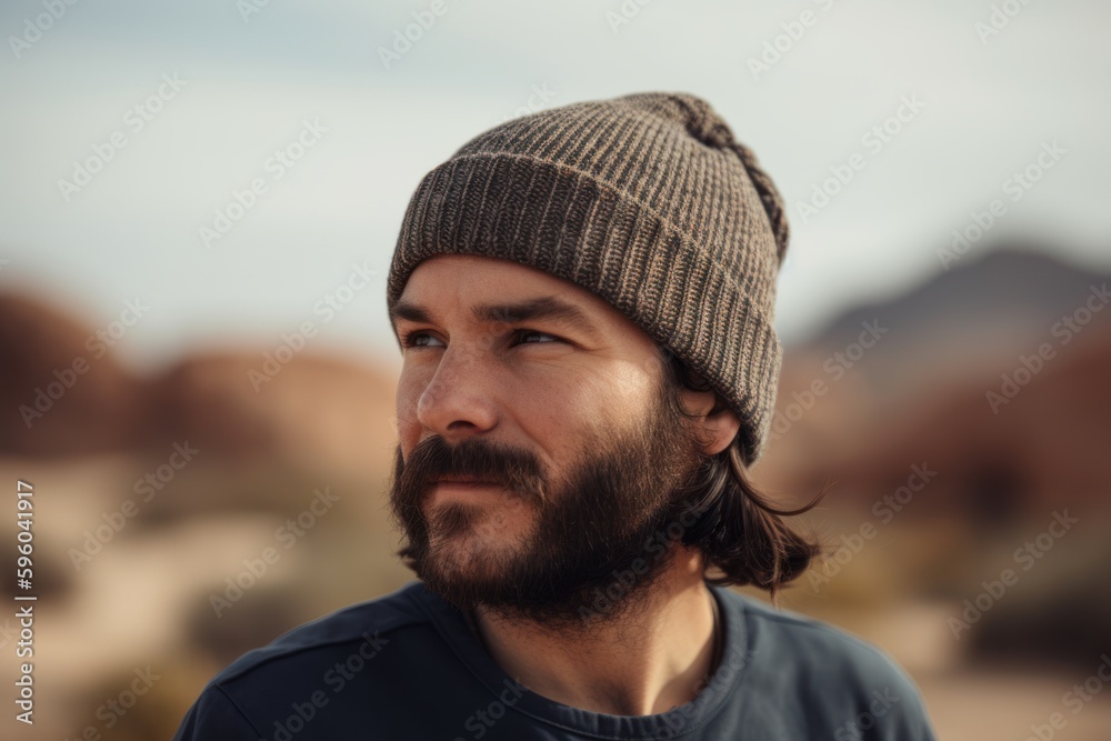 Portrait of a bearded man in a hat against the backdrop of the desert Portrait of a bearded man in a hat against the backdrop of the desert