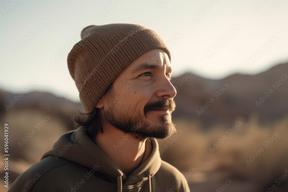 Handsome young man in the desert, wearing a warm hat.