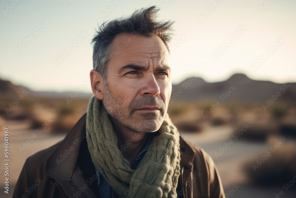Medium shot portrait photography of a satisfied man in his 40s wearing a cozy sweater against a desert background. Generative AI