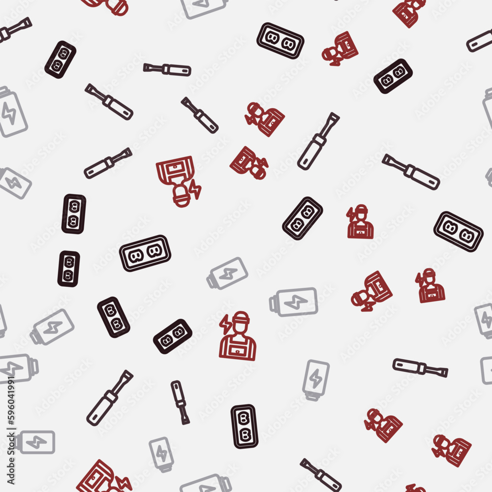 Set line Electrical outlet, Screwdriver, Battery charge and Electrician on seamless pattern. Vector Set line Electrical outlet, Screwdriver, Battery charge and Electrician on seamless pattern. Vector