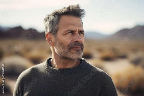 Medium shot portrait photography of a satisfied man in his 40s wearing a cozy sweater against a desert background. Generative AI