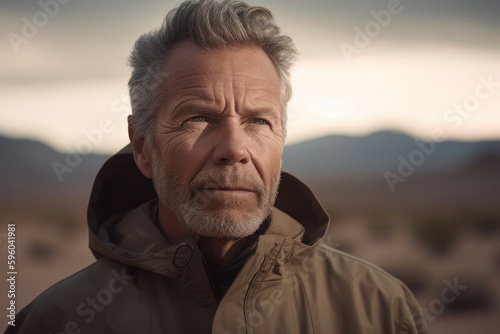 Portrait of senior man standing in the middle of the desert at sunset