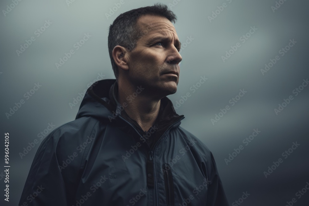 Medium shot portrait photography of a satisfied man in his 40s wearing a comfortable tracksuit against a dramatic stormy sky background. Generative AI