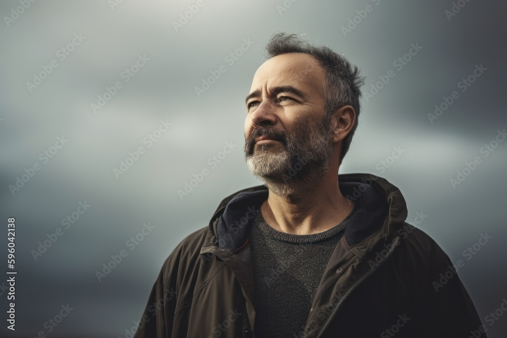 Medium shot portrait photography of a pleased man in his 50s wearing a cozy sweater against a dramatic stormy sky background. Generative AI Medium shot portrait photography of a pleased man in his 50s wearing a cozy sweater against a dramatic stormy sky background. Generative AI