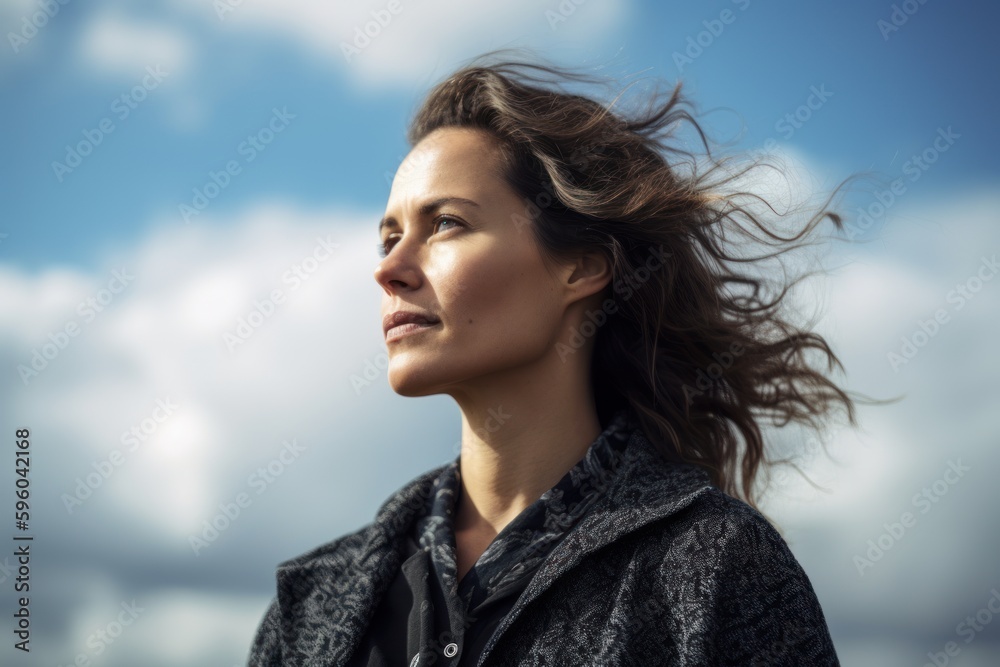 Medium shot portrait photography of a satisfied woman in her 30s wearing a chic cardigan against a sky and clouds background. Generative AI Medium shot portrait photography of a satisfied woman in her 30s wearing a chic cardigan against a sky and clouds background. Generative AI