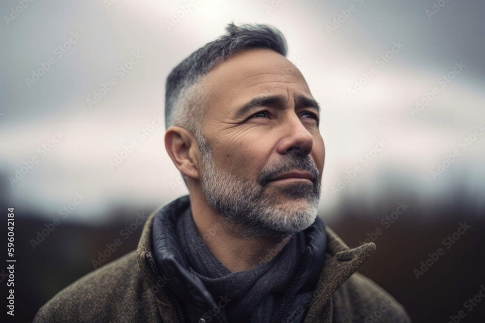 Portrait of a handsome middle-aged man with gray beard and mustache outdoors in winter Portrait of a handsome middle-aged man with gray beard and mustache outdoors in winter
