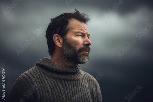 Portrait of a bearded man in a gray sweater against a cloudy sky