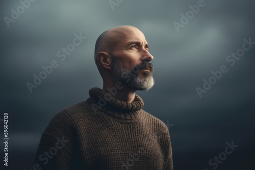 Portrait of a bald man in a warm sweater on a dark background