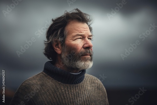 Portrait of a senior man with grey beard and mustache, wearing a warm woolen sweater, looking away with a cloudy sky background.
