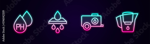 Set line Water drop, filter cartridge, Mobile water tank and jug with. Glowing neon icon. Vector