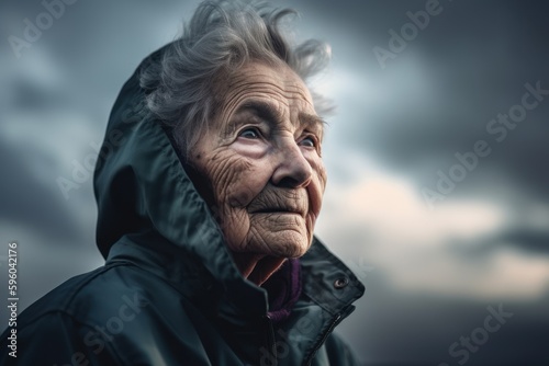 Portrait of an elderly woman in a jacket on a cloudy day