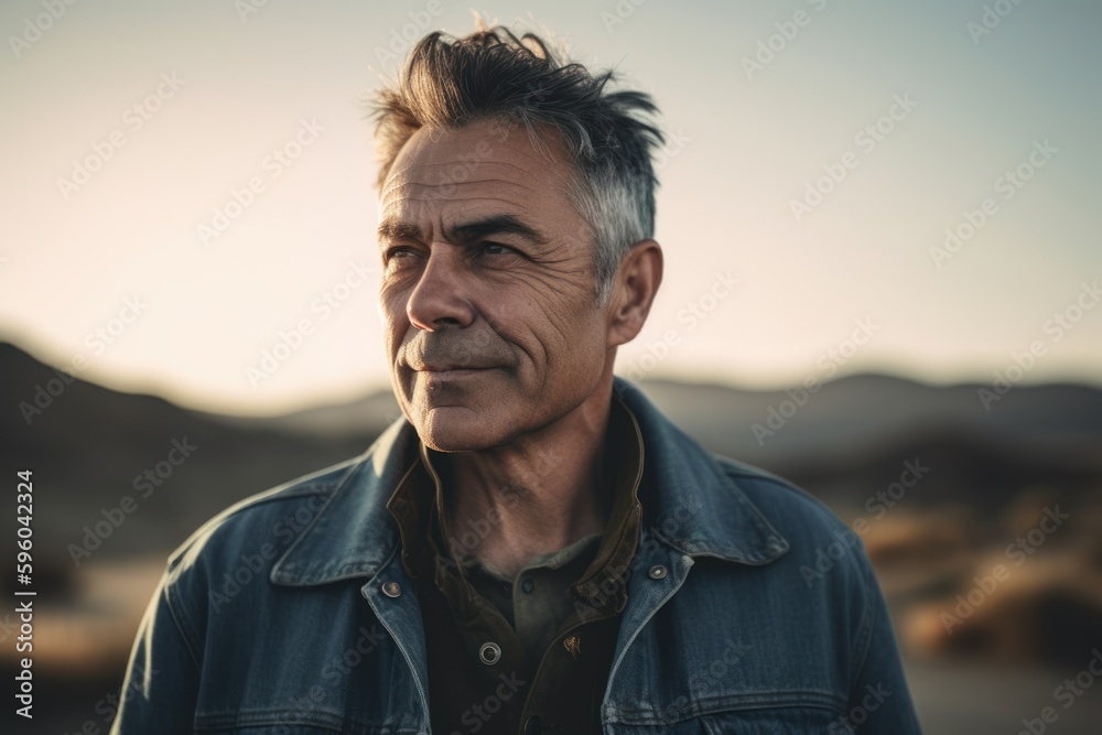 Portrait of a middle-aged man with gray hair in a denim jacket. Portrait of a middle-aged man with gray hair in a denim jacket.