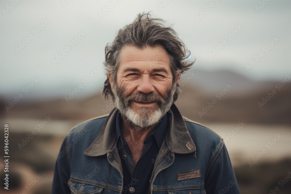 Portrait of a senior man with gray hair and beard wearing a denim jacket in the countryside