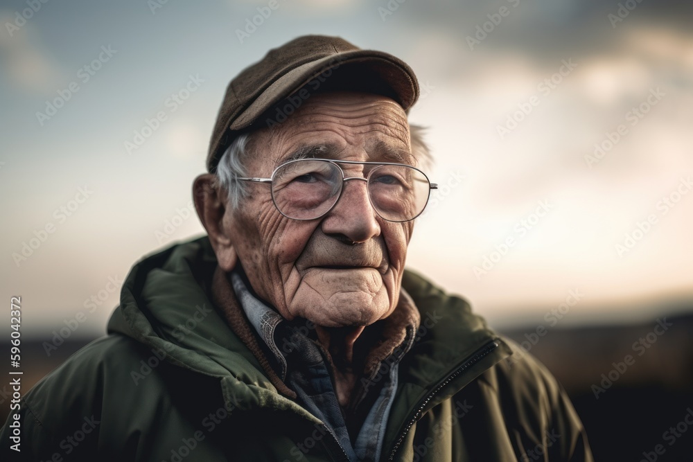 Portrait of an old man with glasses and cap in the countryside Portrait of an old man with glasses and cap in the countryside
