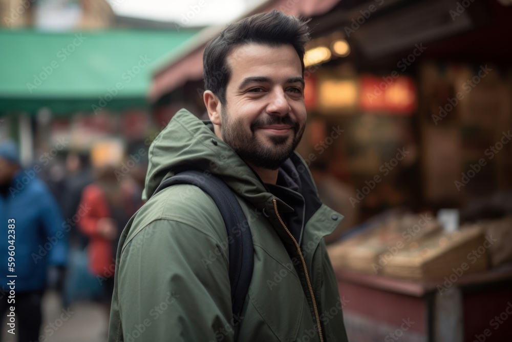 Environmental portrait photography of a grinning man in his 30s wearing a comfortable tracksuit against a bustling market or street scene background. Generative AI Environmental portrait photography of a grinning man in his 30s wearing a comfortable tracksuit against a bustling market or street scene background. Generative AI