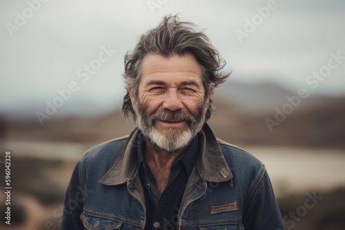 Portrait of a senior man with gray hair and beard wearing a denim jacket in the countryside