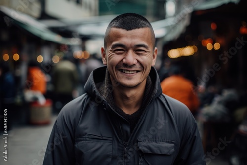 Portrait of a smiling asian man in the street at night