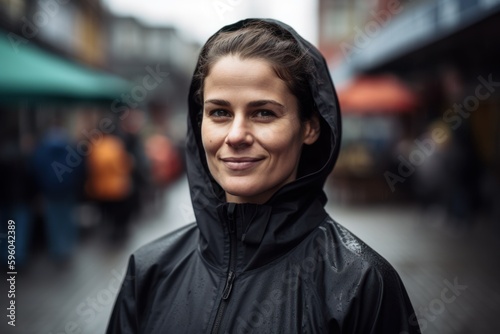 Portrait of a young woman in a raincoat on the street