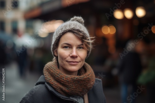 Portrait of a beautiful young woman in a warm hat and scarf on the street © Robert MEYNER