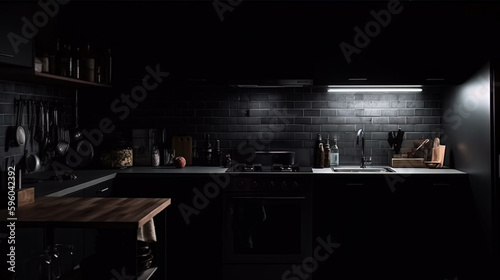 Kitchen room in the dark with copy space (AI Generated)