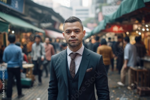 Portrait of a handsome young man in a suit in the streets of Hong Kong