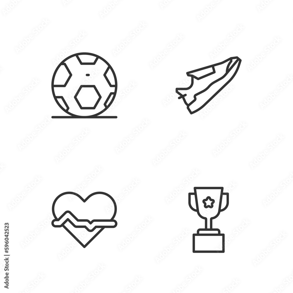Set line Award cup, Heart rate, Soccer football ball and Fitness sneakers shoes icon. Vector Set line Award cup, Heart rate, Soccer football ball and Fitness sneakers shoes icon. Vector