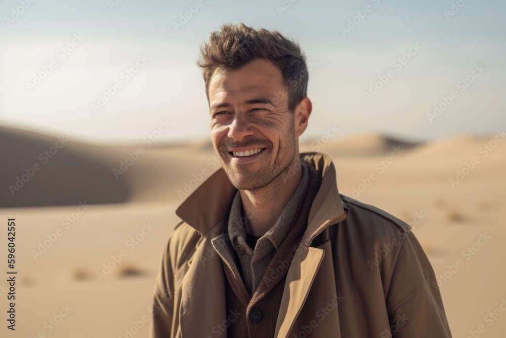 Portrait of smiling young man standing in the middle of the desert Portrait of smiling young man standing in the middle of the desert
