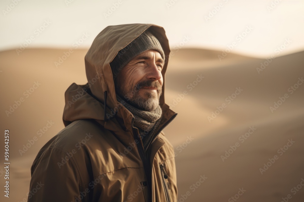 Handsome middle-aged man in the desert. The concept of travel and tourism.