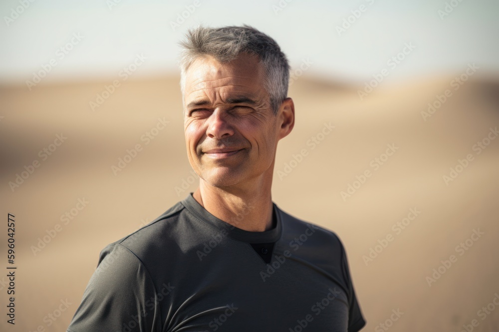Portrait of a middle-aged man standing in the desert. Portrait of a middle-aged man standing in the desert.
