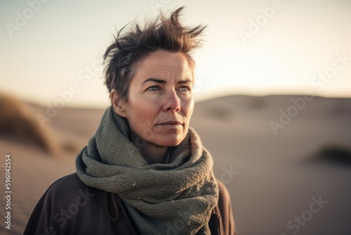 Portrait of a middle-aged woman in the desert at sunset