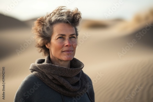 Portrait of a middle-aged woman in the dunes of the desert